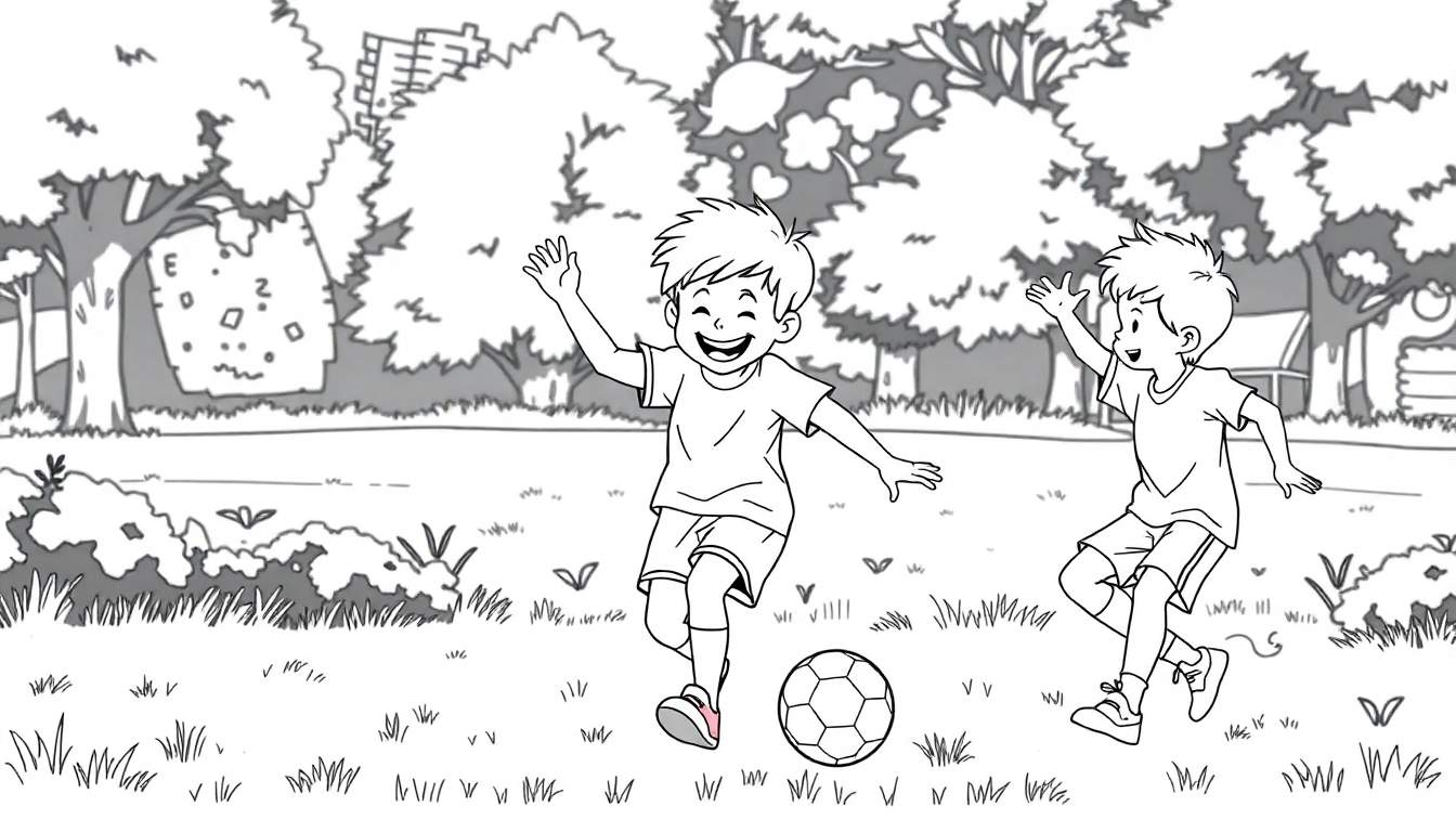 Deux garçons jouent au football dans un parc, l'un donnant un coup de pied dans le ballon avec joie.