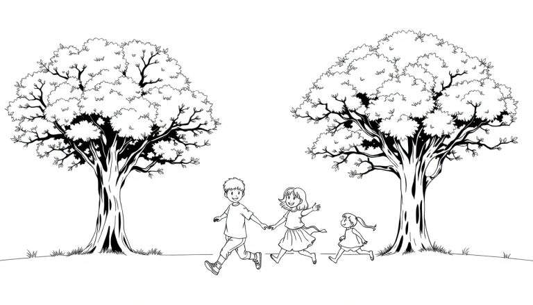 Un dessin en noir et blanc d'enfants courant dans un champ sous de grands arbres, avec des feuilles colorées dans un color panel.