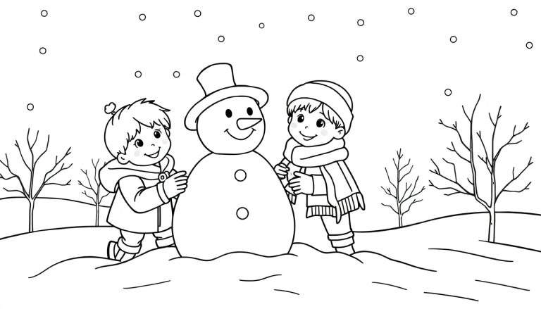 Deux enfants construisent un bonhomme de neige dans un paysage hivernal, avec des flocons de neige tombant.