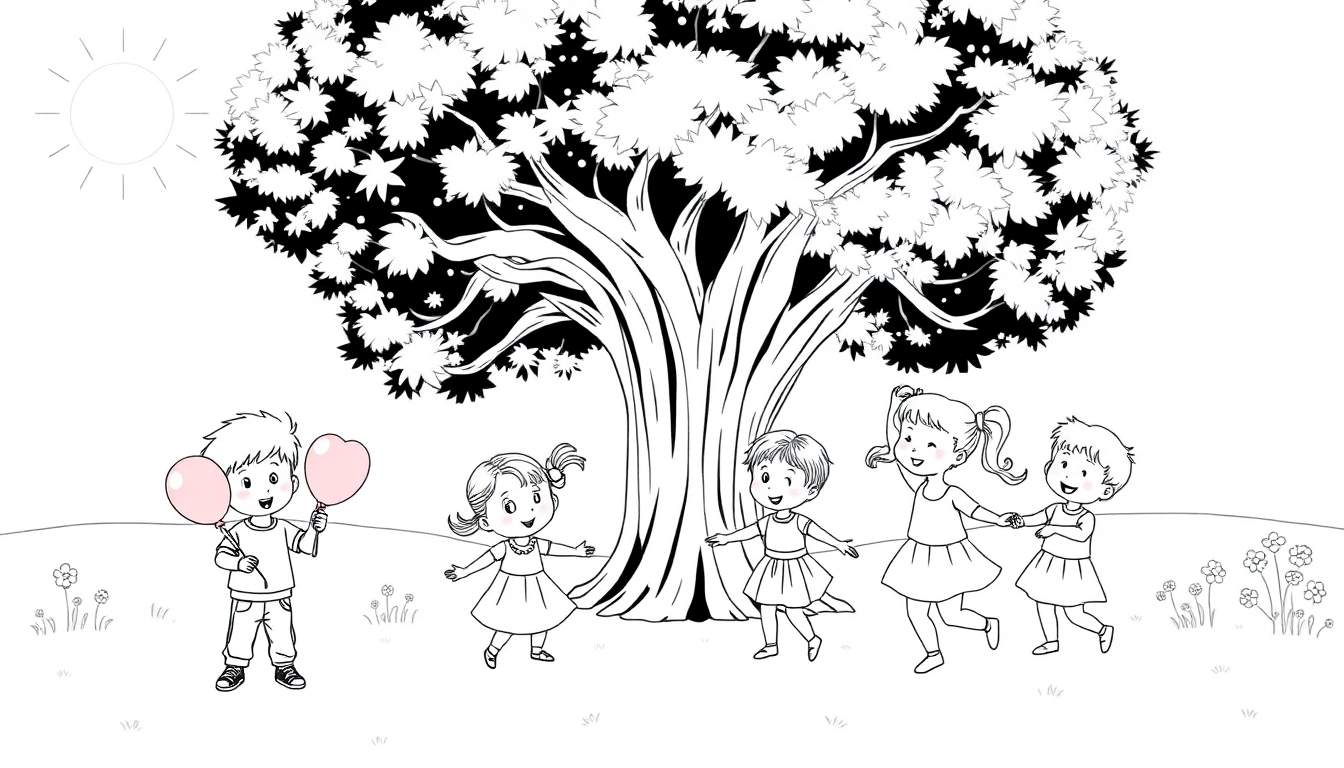 Dessin d'enfants jouant sous un grand arbre, avec un soleil souriant, ballons en forme de cœur et fleurs.