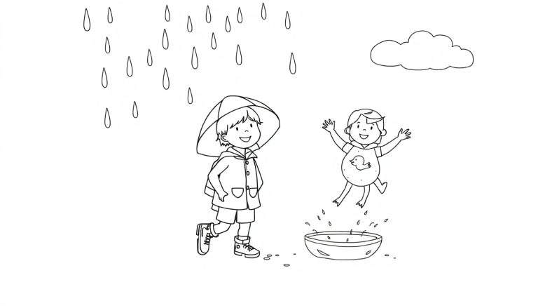 Un enfant souriant sous un parapluie coloré et un autre enfant sautant dans une flaque d'eau.