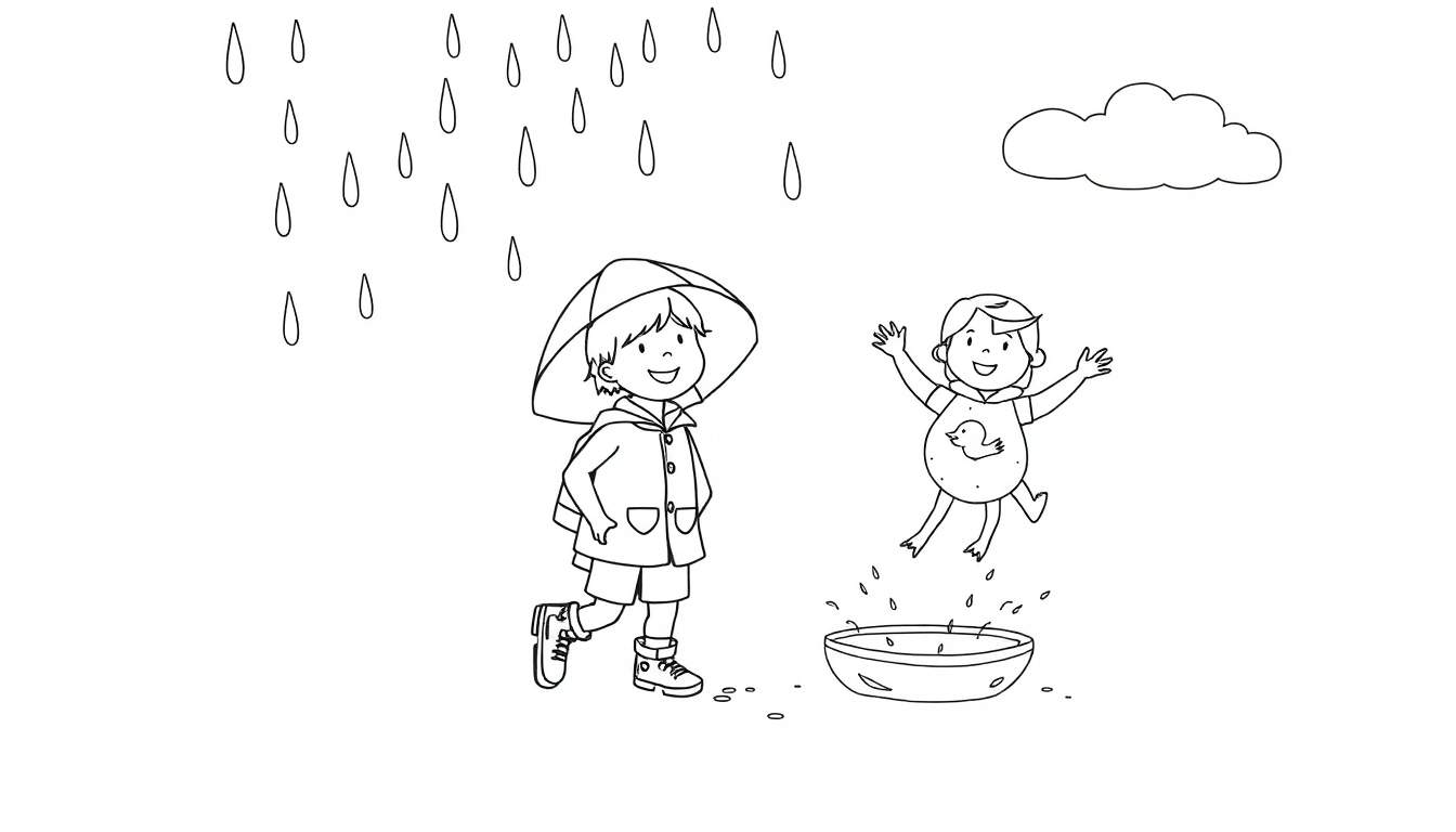 Un enfant souriant sous un parapluie coloré et un autre enfant sautant dans une flaque d'eau.