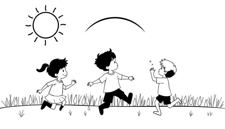Dessin d'enfants courant sous un arc-en-ciel et un soleil.