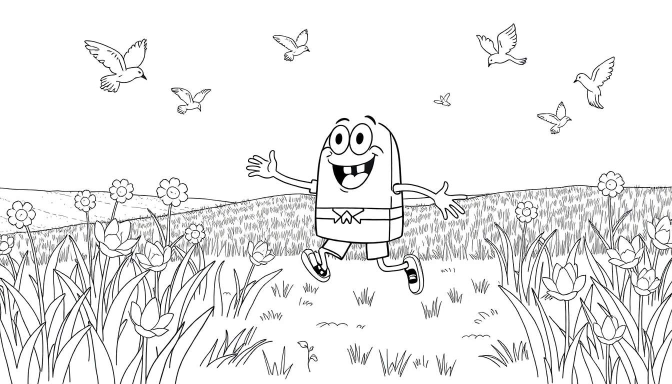 Personnage en pilule joyeux sautant dans un champ de fleurs, style color panel.