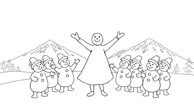 Un dessin de Noël montrant une grande figure humaine accueillante entourée de petits bonhommes de neige joyeux devant un paysage de montagnes et d'arbres enneigés.