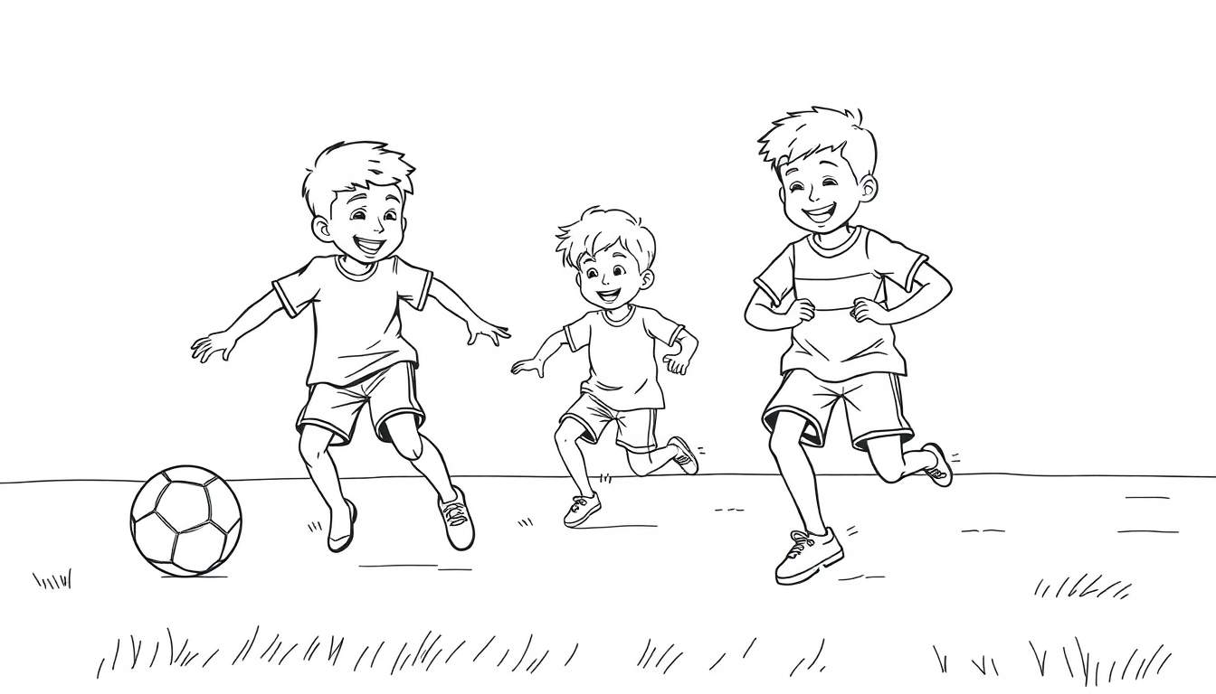 Trois garçons jouant au football dans un color panel noir et blanc.