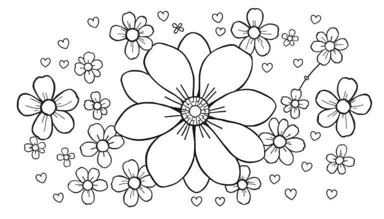 Un dessin au trait noir et blanc d'un arrangement floral avec des cœurs et un papillon, parfait pour un color panel.