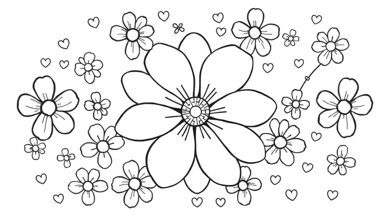 Un dessin au trait noir et blanc d'un arrangement floral avec des cœurs et un papillon, parfait pour un color panel.