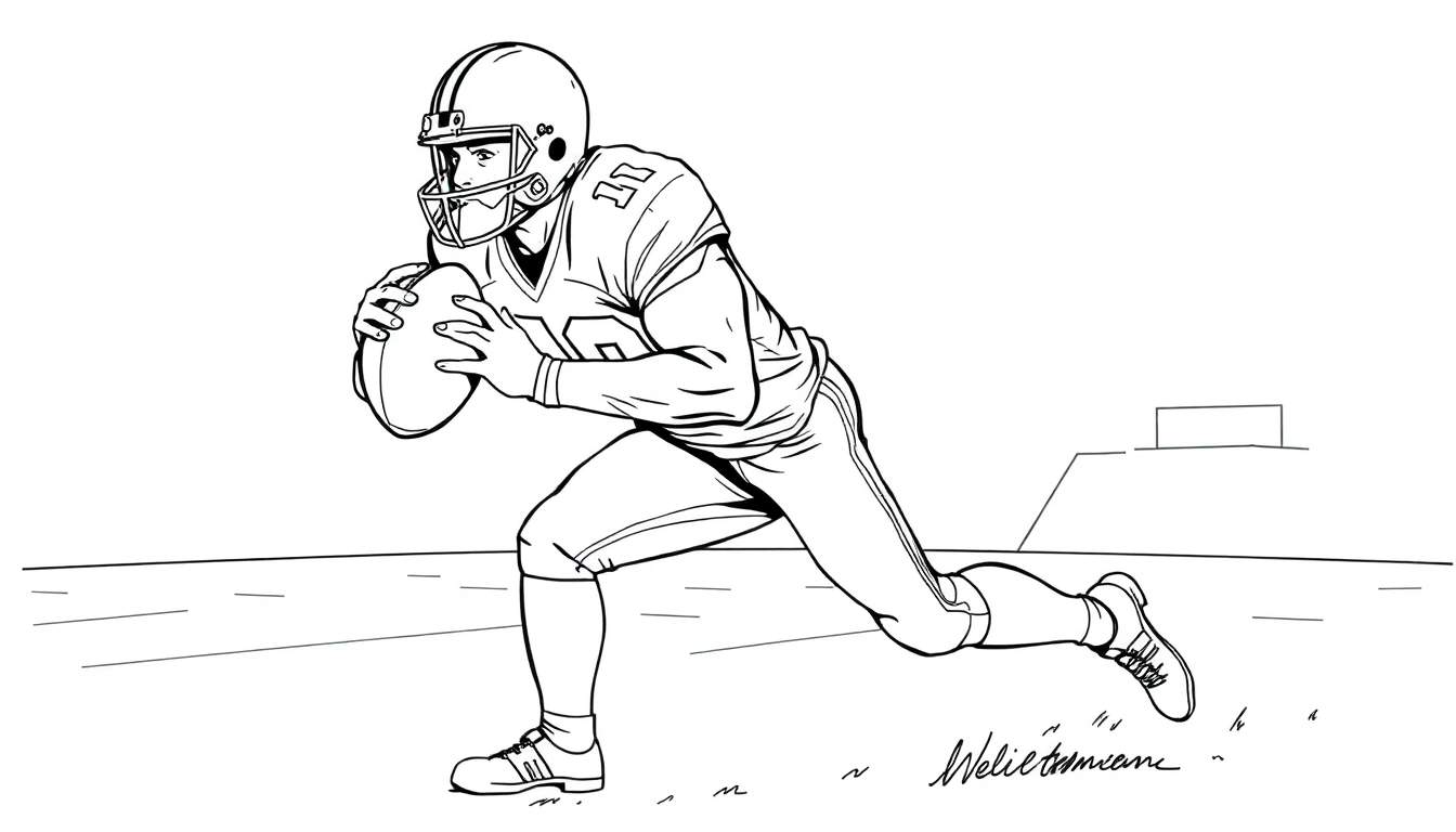 Dessin d'un joueur de football américain en mouvement tenant un ballon, sur un terrain simple.