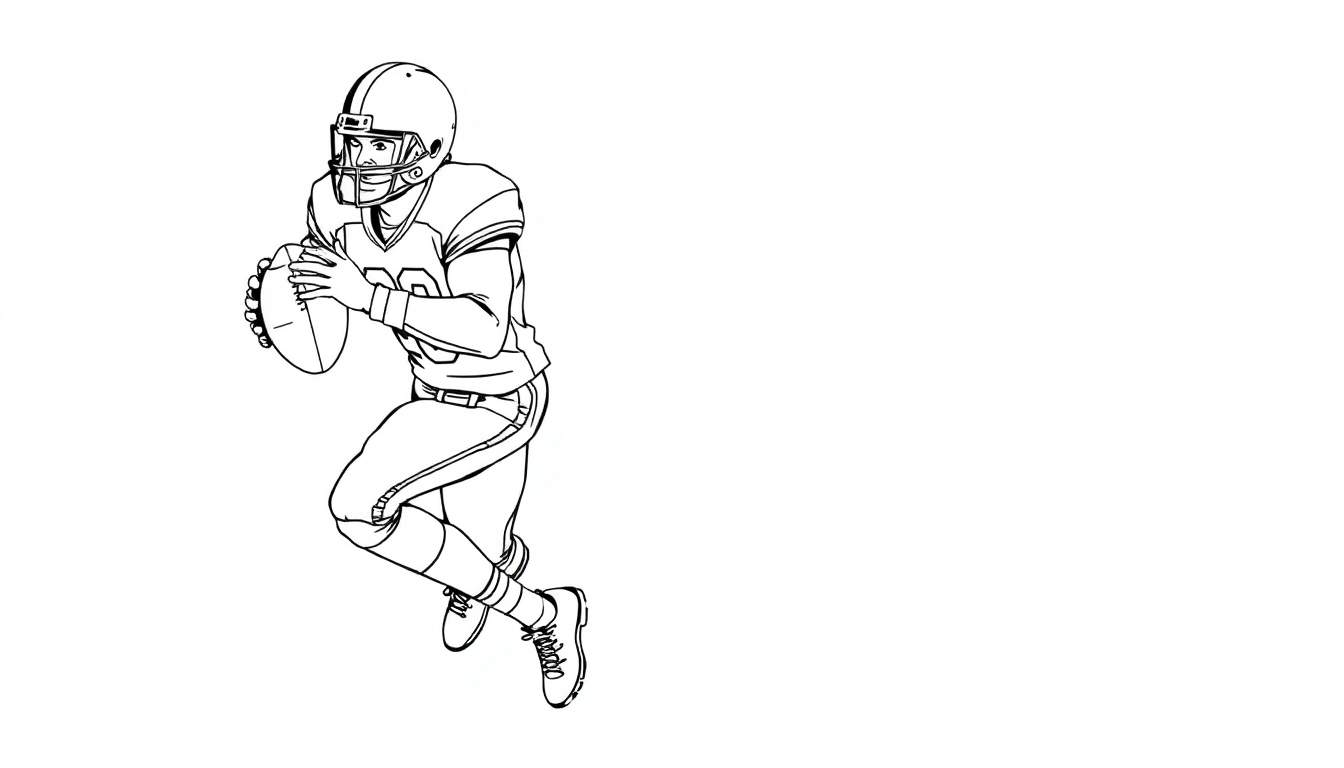 Dessin en noir et blanc d'un joueur de football américain courant avec un ballon, prêt à marquer. Un color panel à colorier.