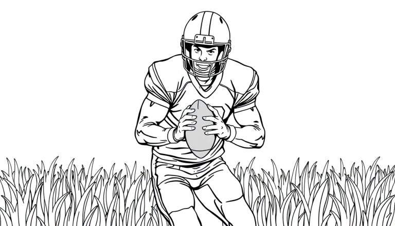 Un joueur de football américain court avec le ballon, prêt à marquer un touchdown. Amusez-vous à colorier le terrain et le casque.