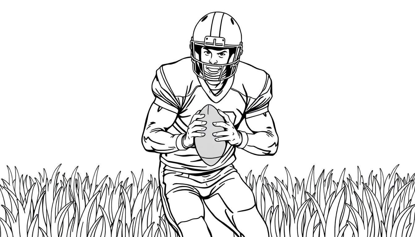 Un joueur de football américain court avec le ballon, prêt à marquer un touchdown. Amusez-vous à colorier le terrain et le casque.