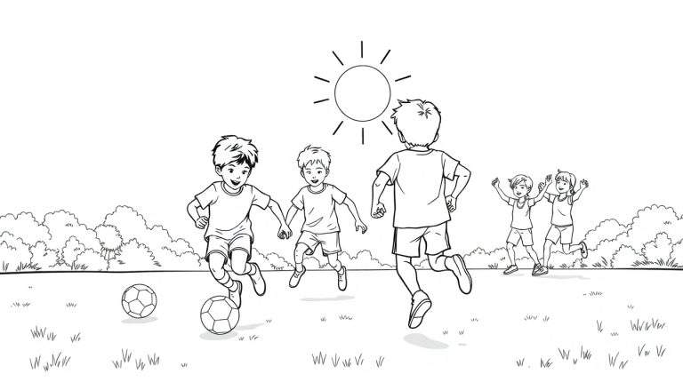 Illustration en noir et blanc d'enfants jouant au football dans un parc ensoleillé, avec un color panel pour la créativité.