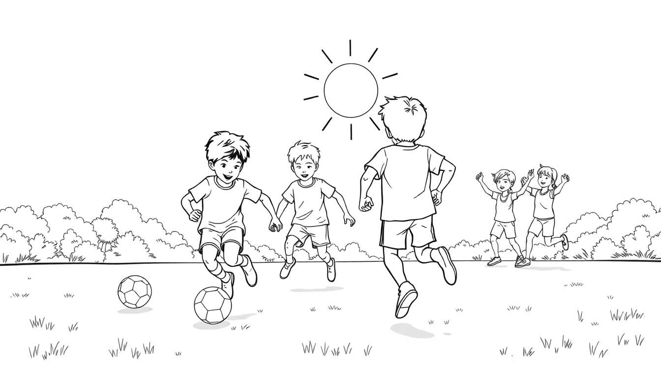 Illustration en noir et blanc d'enfants jouant au football dans un parc ensoleillé, avec un color panel pour la créativité.