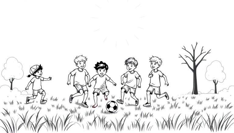 Une illustration en noir et blanc d'enfants jouant au football dans un parc.