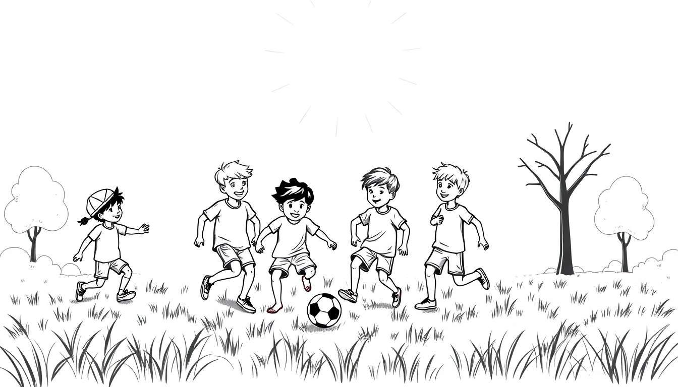 Une illustration en noir et blanc d'enfants jouant au football dans un parc.