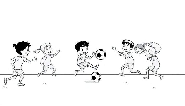 Groupe d'enfants jouant au football dans un espace ouvert, avec deux ballons.