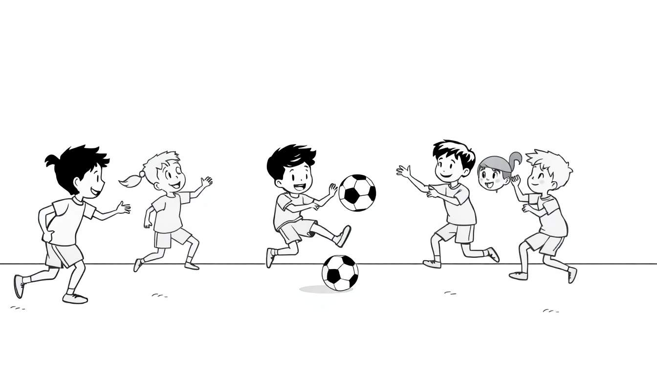 Groupe d'enfants jouant au football dans un espace ouvert, avec deux ballons.