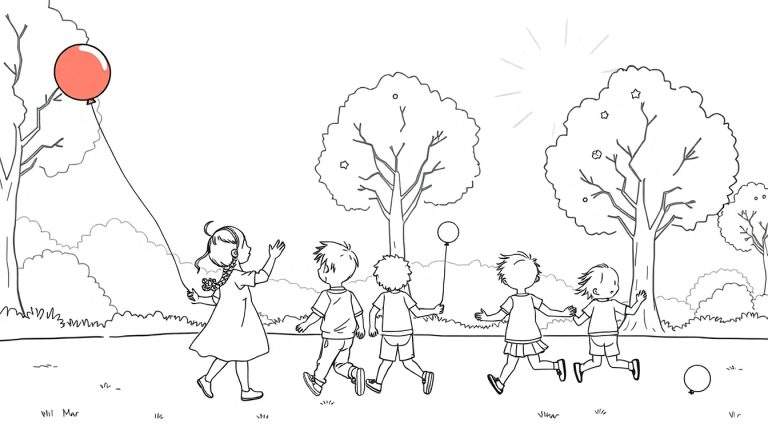 Une fille avec une tresse tient un ballon rouge flottant au-dessus d'elle, tandis que quatre autres enfants jouent joyeusement dans un parc ensoleillé, entourés d'arbres et de verdure. Un aperçu color panel de la joie enfantine.