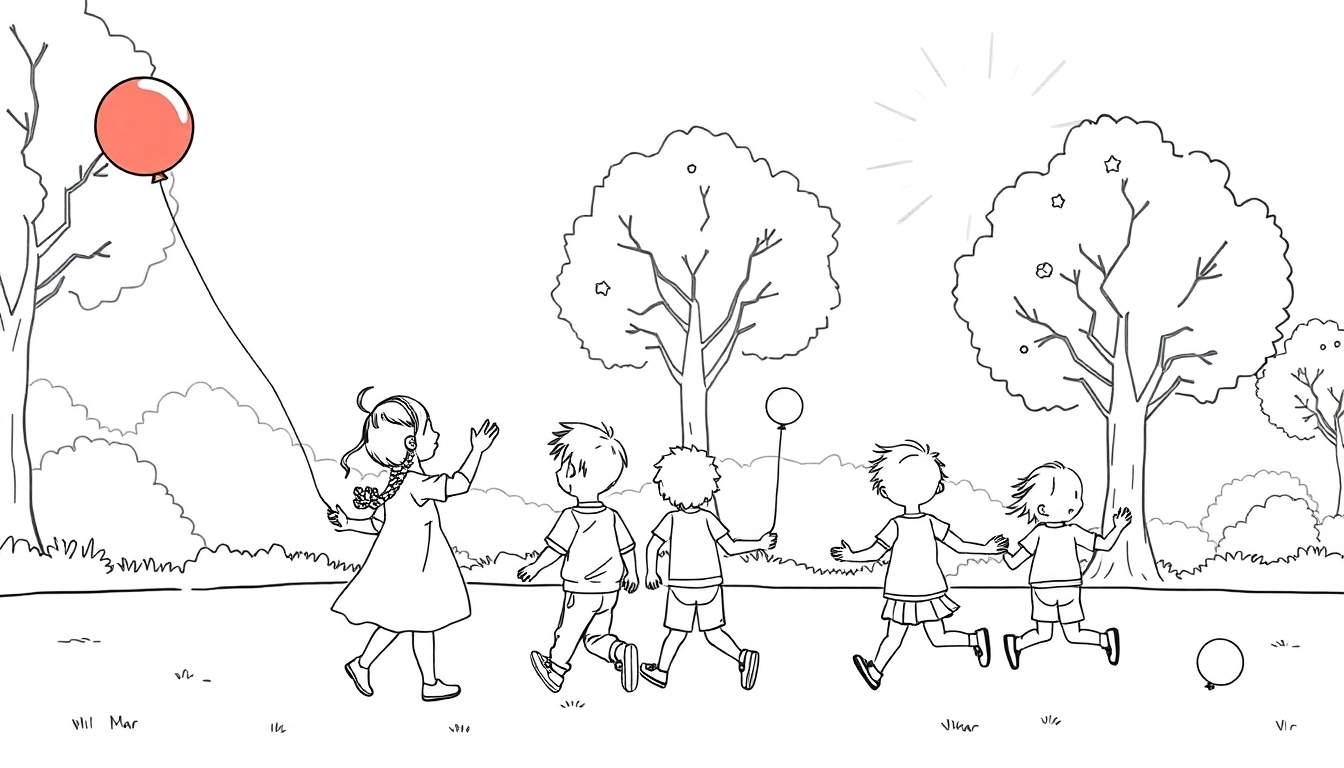 Une fille avec une tresse tient un ballon rouge flottant au-dessus d'elle, tandis que quatre autres enfants jouent joyeusement dans un parc ensoleillé, entourés d'arbres et de verdure. Un aperçu color panel de la joie enfantine.