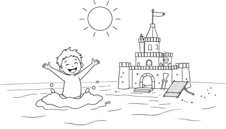 Un enfant joyeux jouant dans l'eau près d'un château de sable sous un soleil radieux, avec des éléments pour colorier.