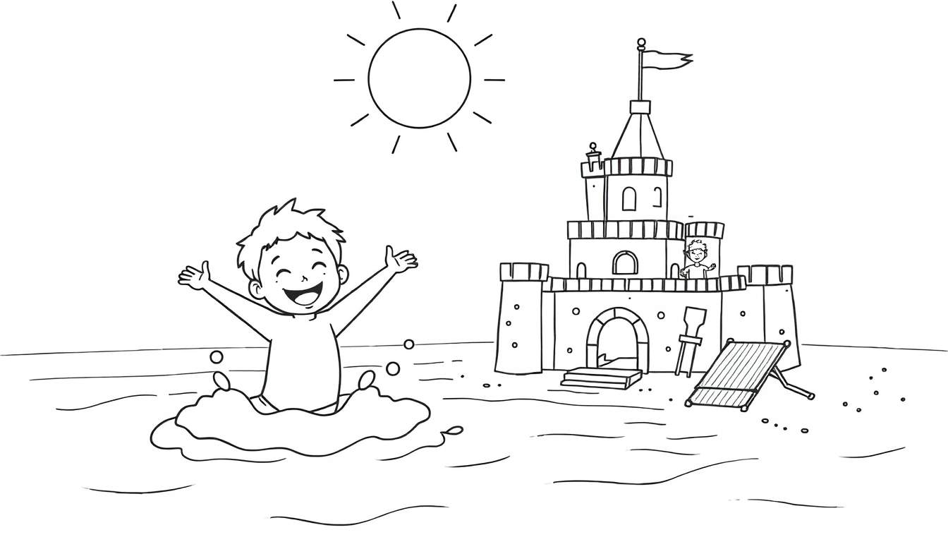 Un enfant joyeux jouant dans l'eau près d'un château de sable sous un soleil radieux, avec des éléments pour colorier.
