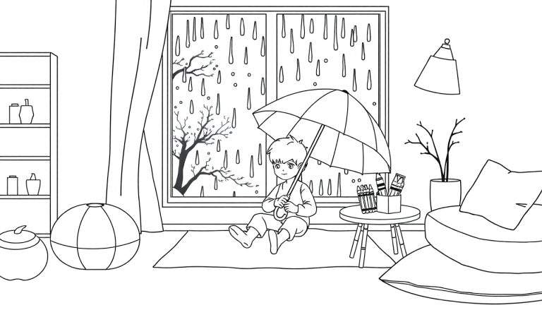 Un garçon dessine sous un parapluie à l'intérieur, avec un color panel visible.