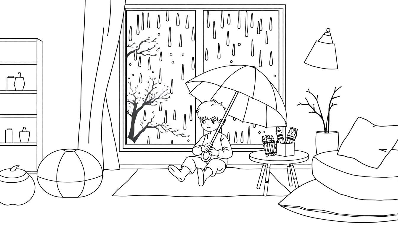 Un garçon dessine sous un parapluie à l'intérieur, avec un color panel visible.