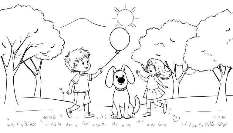 Un dessin au trait montrant deux enfants et un chien joyeux jouant dans un parc ensoleillé. Le garçon tient un ballon au-dessus de la tête du chien, tandis que la fille court vers eux. Le fond comprend des arbres, de l'herbe, une montagne et des oiseaux dans le ciel. Ce color panel promet beaucoup d'amusement.
