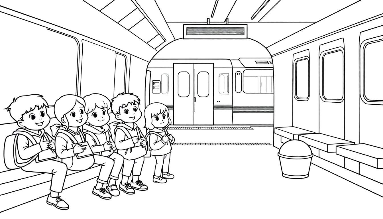 Illustration en noir et blanc d'enfants dans une station de métro, avec un train visible sur la plateforme opposée. Le style est un color panel simple.