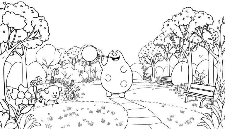 Un personnage rond fait des bulles dans un parc, avec un petit animal et des arbres en arrière-plan.