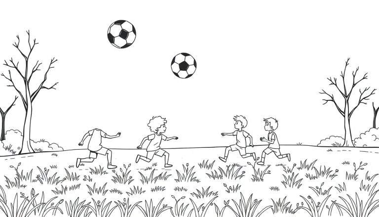 Dessin au trait de garçons jouant au football avec des ballons en l'air dans un champ verdoyant.