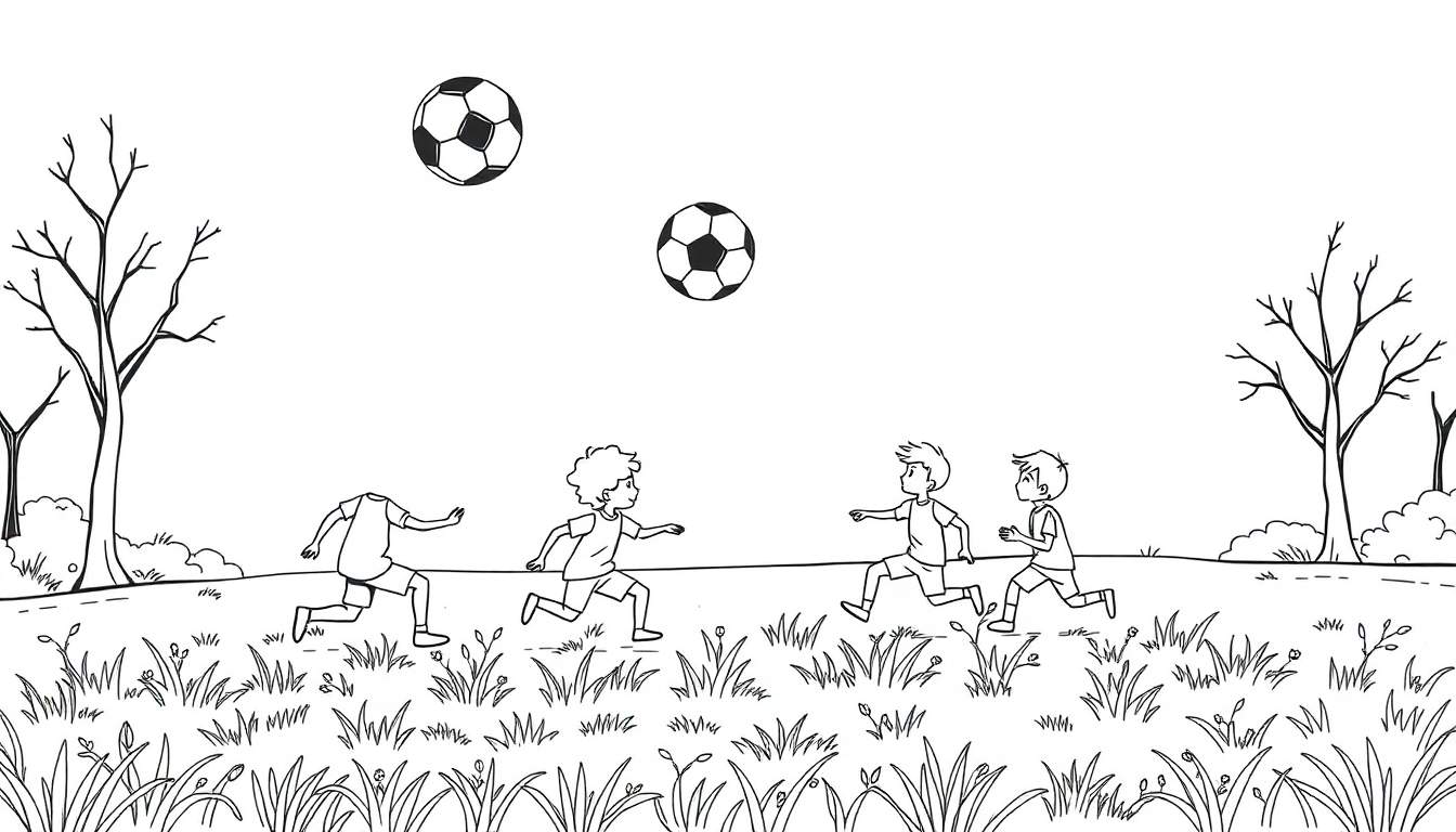 Dessin au trait de garçons jouant au football avec des ballons en l'air dans un champ verdoyant.
