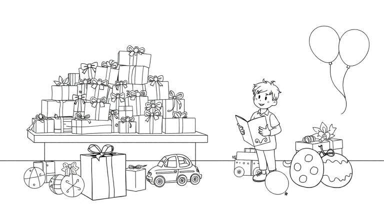 Un garçon lit un livre entouré de cadeaux colorés et de jouets, avec des ballons flottant en arrière-plan.