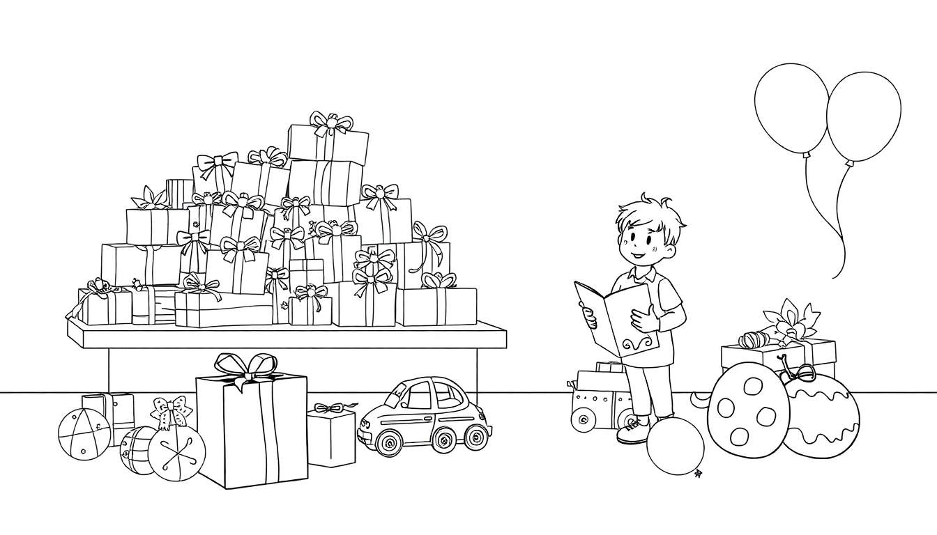 Un garçon lit un livre entouré de cadeaux colorés et de jouets, avec des ballons flottant en arrière-plan.