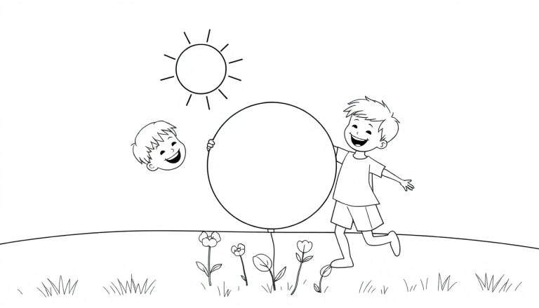 Deux garçons jouent au ballon dans un parc ensoleillé, avec un soleil souriant dans le ciel et des fleurs sur l'herbe. Style dessin au trait.