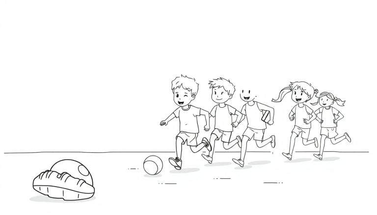 Un groupe d'enfants joyeux courant vers un panier de pique-nique et un ballon de foot.
