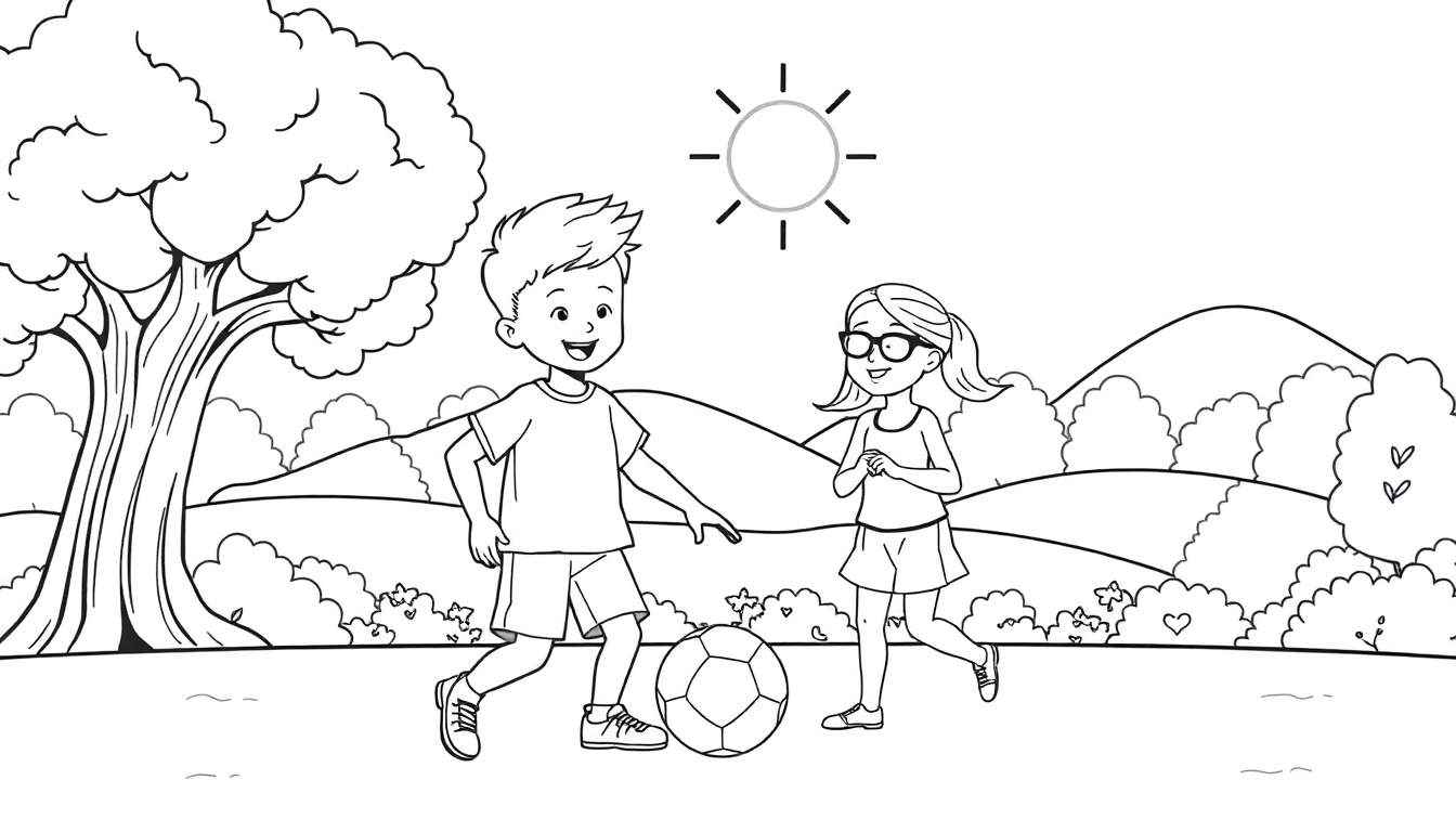 Dessin au trait d'un garçon et d'une fille jouant au football dans un parc ensoleillé, avec des arbres et des collines en arrière-plan, prêt pour un color panel.