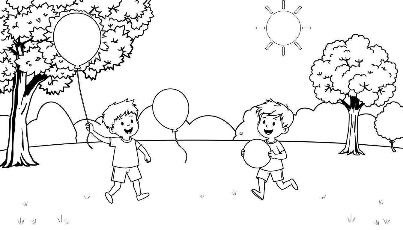 Deux garçons jouant au ballon dans un parc ensoleillé, style dessin au trait, color panel.