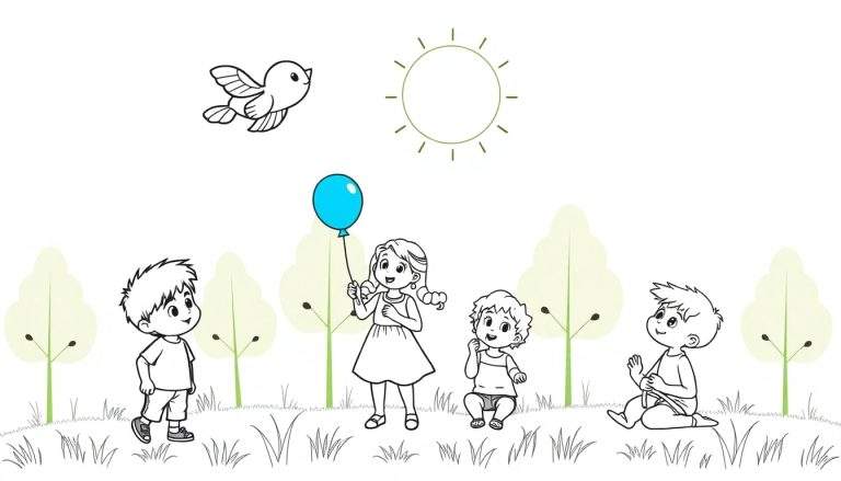 Dessin au trait noir et blanc d'enfants jouant dans un parc ensoleillé.