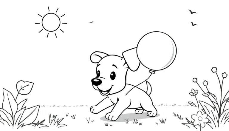 Un adorable chiot jouant avec un ballon dans un jardin ensoleillé, idéal pour un color panel.