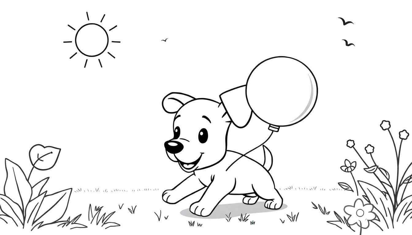 Un adorable chiot jouant avec un ballon dans un jardin ensoleillé, idéal pour un color panel.