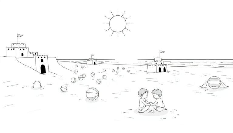 Deux garçons construisent des châteaux de sable sur une plage ensoleillée avec des ballons de plage, un color panel de bonheur.