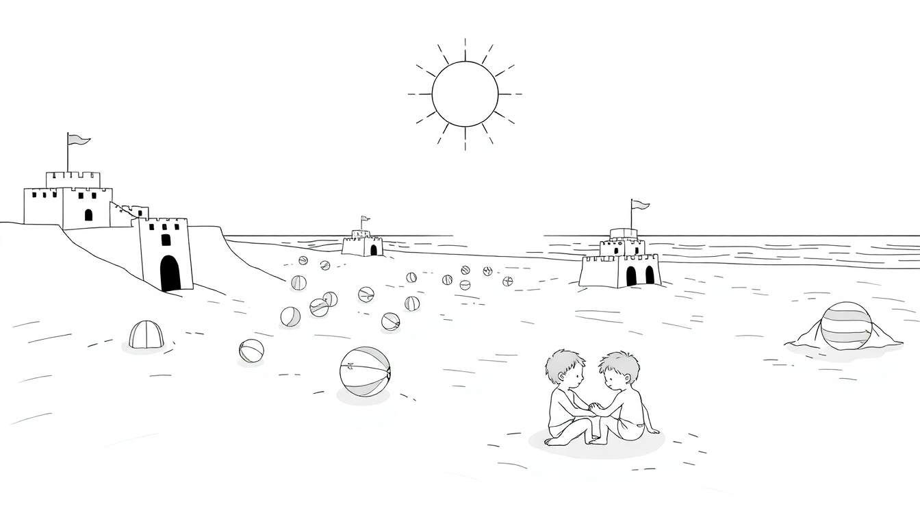 Deux garçons construisent des châteaux de sable sur une plage ensoleillée avec des ballons de plage, un color panel de bonheur.
