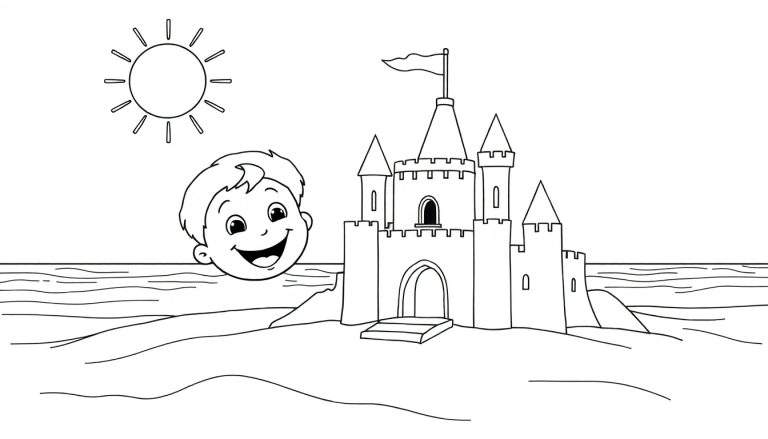 Dessin au trait d'un garçon souriant sur la plage avec un château de sable et un soleil. Panneau de coloriage.