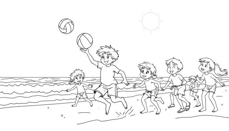 Dessin au trait d'enfants jouant au ballon sur la plage, avec un garçon sautant et un soleil dans le ciel.