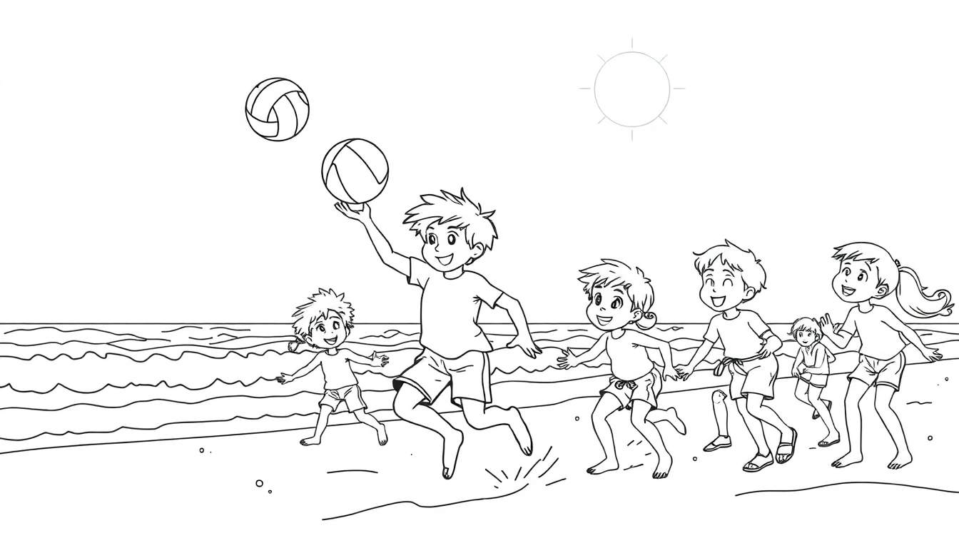 Dessin au trait d'enfants jouant au ballon sur la plage, avec un garçon sautant et un soleil dans le ciel.
