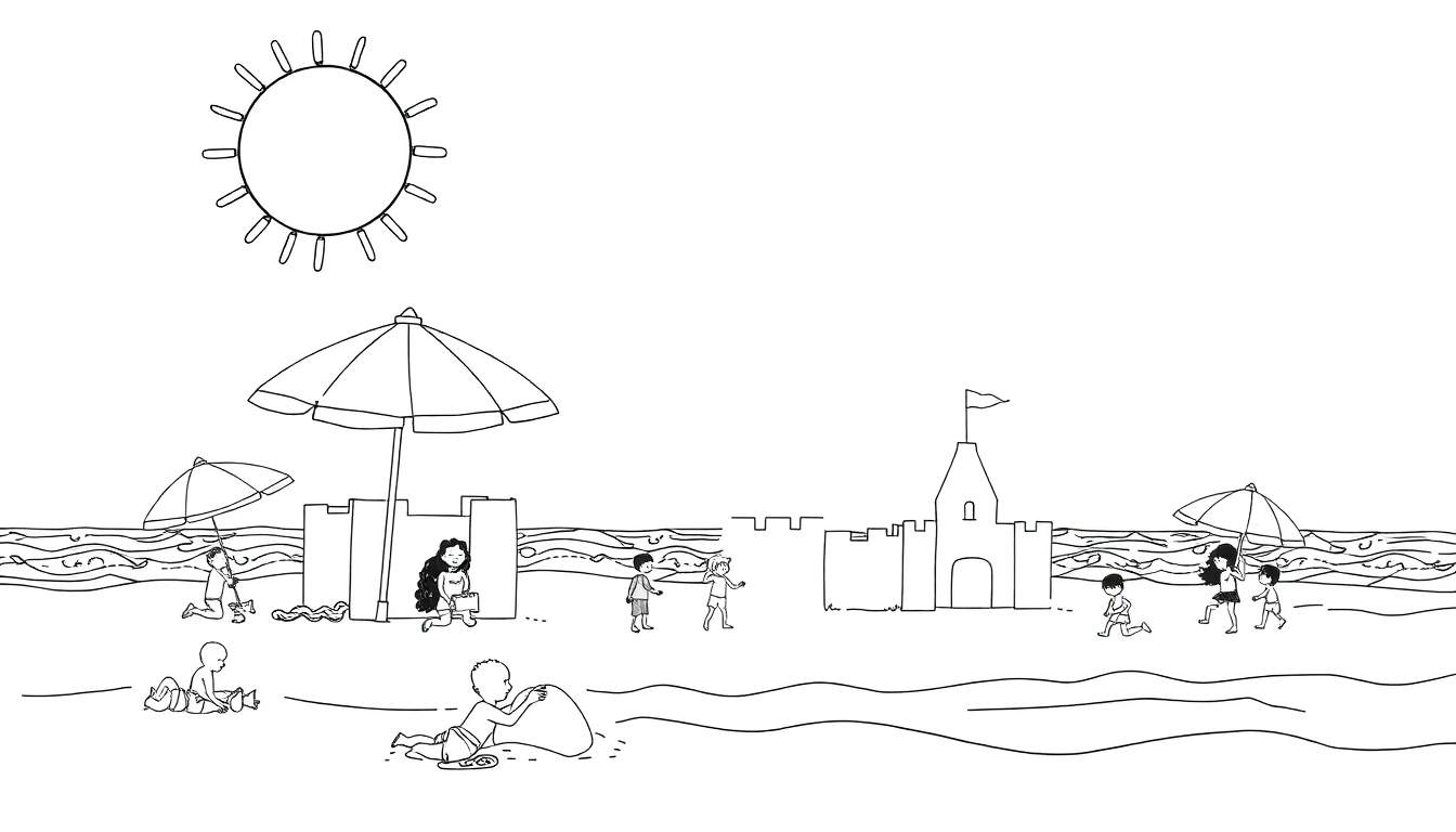 Une scène de plage en noir et blanc avec des enfants jouant, des parasols et des châteaux de sable.