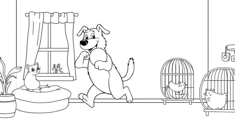Un chien joyeux court dans une pièce avec des chats, des cages à oiseaux contenant des chats et une plante.
