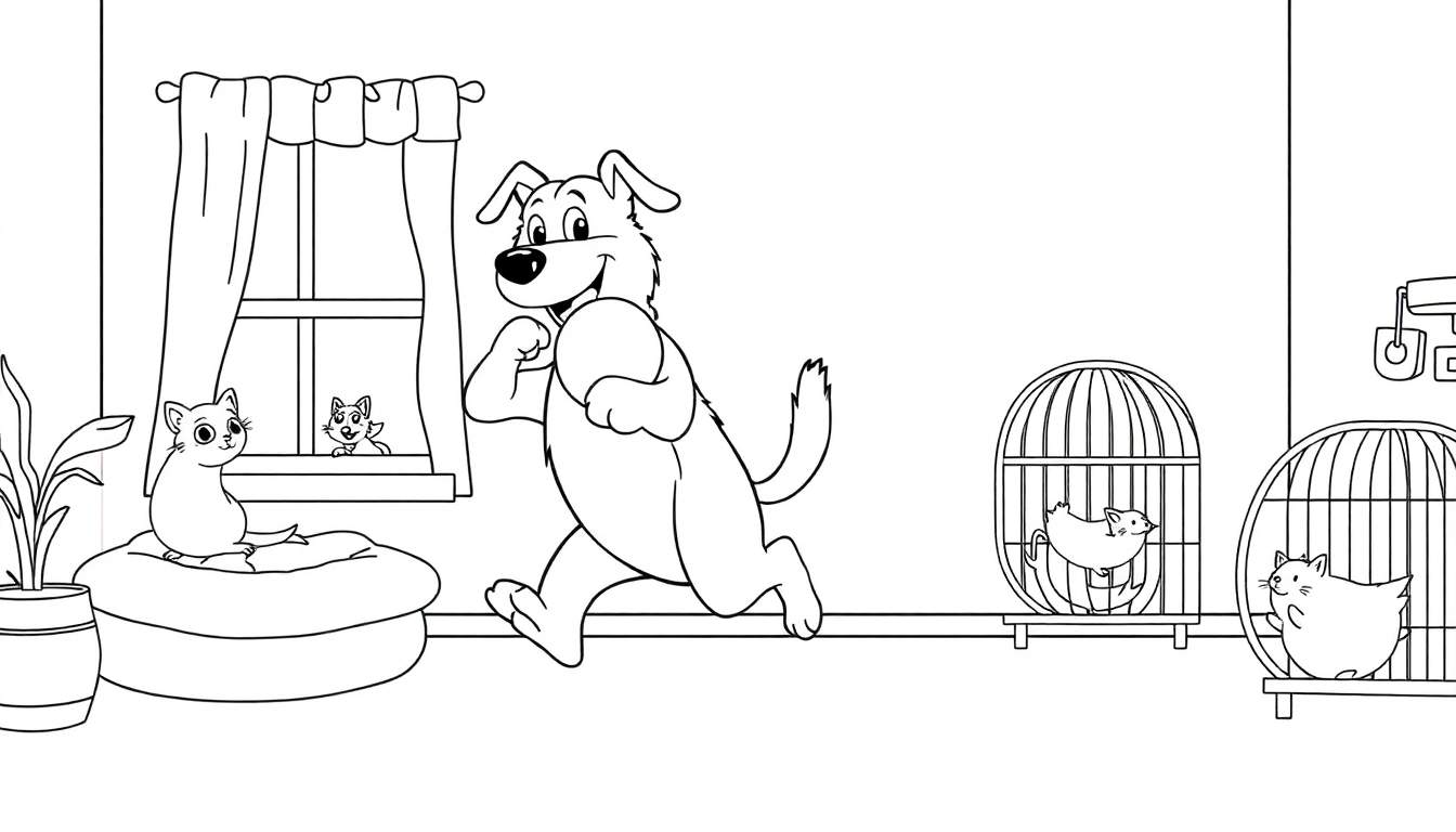 Un chien joyeux court dans une pièce avec des chats, des cages à oiseaux contenant des chats et une plante.